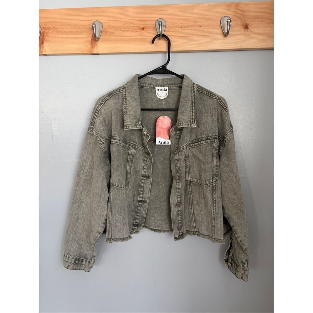 NWT Arula Altar’d State Distressed Denim Jacket Olive Gray Frayed Hem Size 1X